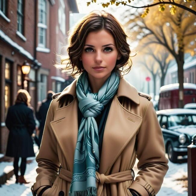 Apaszka jako akcent kolorystyczny na płaszczu